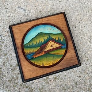 Carved  Wood Painted 6.5" Square Hand Painted Barn Rustic Wall Art